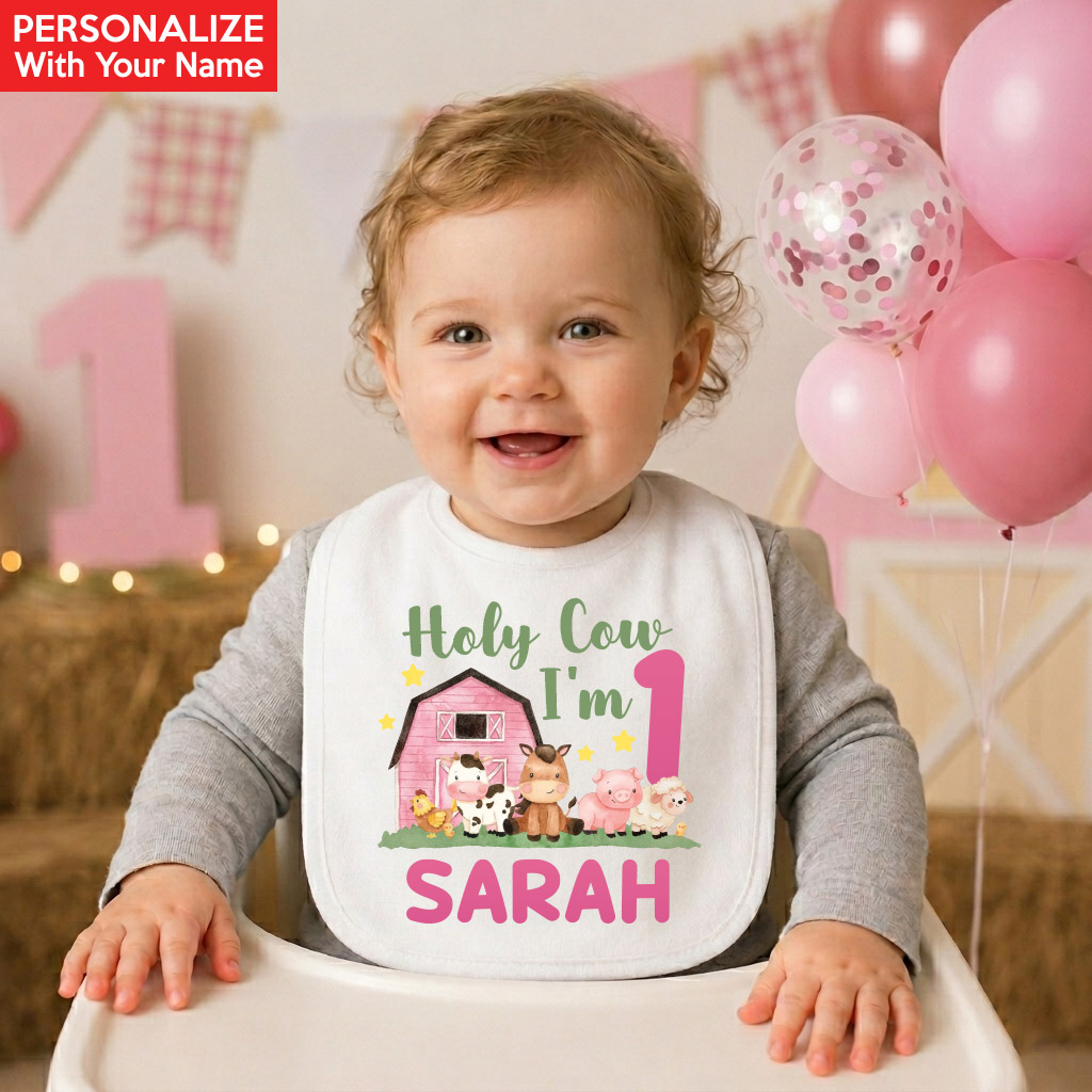 Barnyard Pink One PERSONALIZED Reusable Fabric Bib